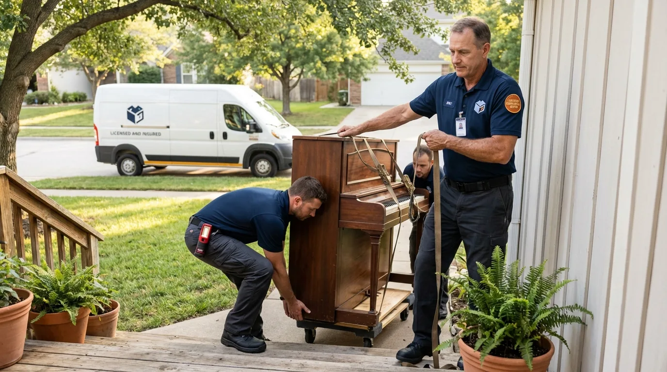 Licensed piano movers securing grand piano in La Grange Park, IL