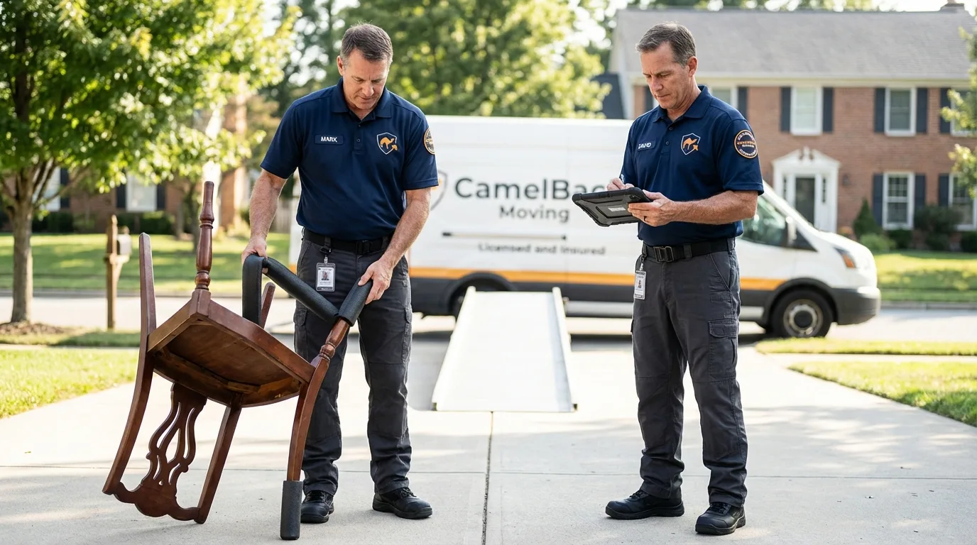 Movers inspecting furniture for damage prevention before loading in La Grange Park, IL