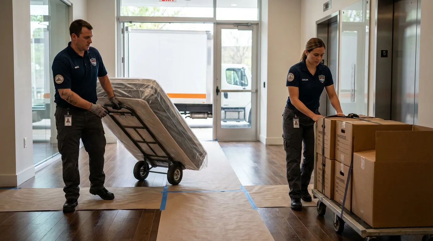 Professional apartment movers loading elevator in La Grange Park, IL